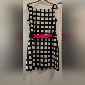 Connected apparel | Black/White checkered sleeveless dress w/red accent belt